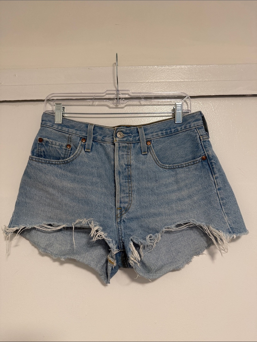 Levi 501 Light Blue Distressed High-Waist Denim Shorts - Unbranded